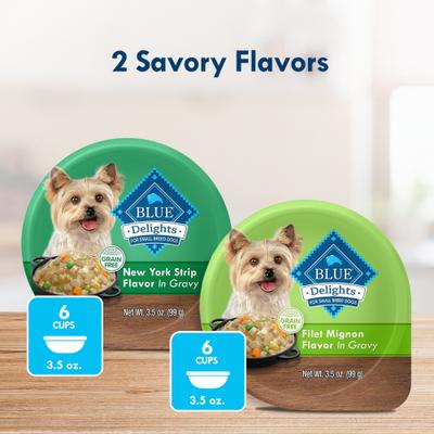 Show full view: Blue Buffalo Divine Delights Gravy Variety Pack Filet Mignon & NY Strip Flavor Dog Food Trays, 3.5-oz, case of 12 slide 4 of 12