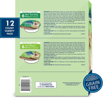 Show full view: Blue Buffalo Divine Delights Gravy Variety Pack Filet Mignon & NY Strip Flavor Dog Food Trays, 3.5-oz, case of 12 slide 3 of 12