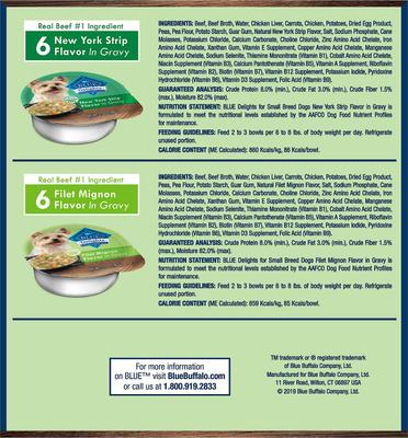 Show full view: Blue Buffalo Divine Delights Gravy Variety Pack Filet Mignon & NY Strip Flavor Dog Food Trays, 3.5-oz tray, bundle of 24  slide 3 of 9