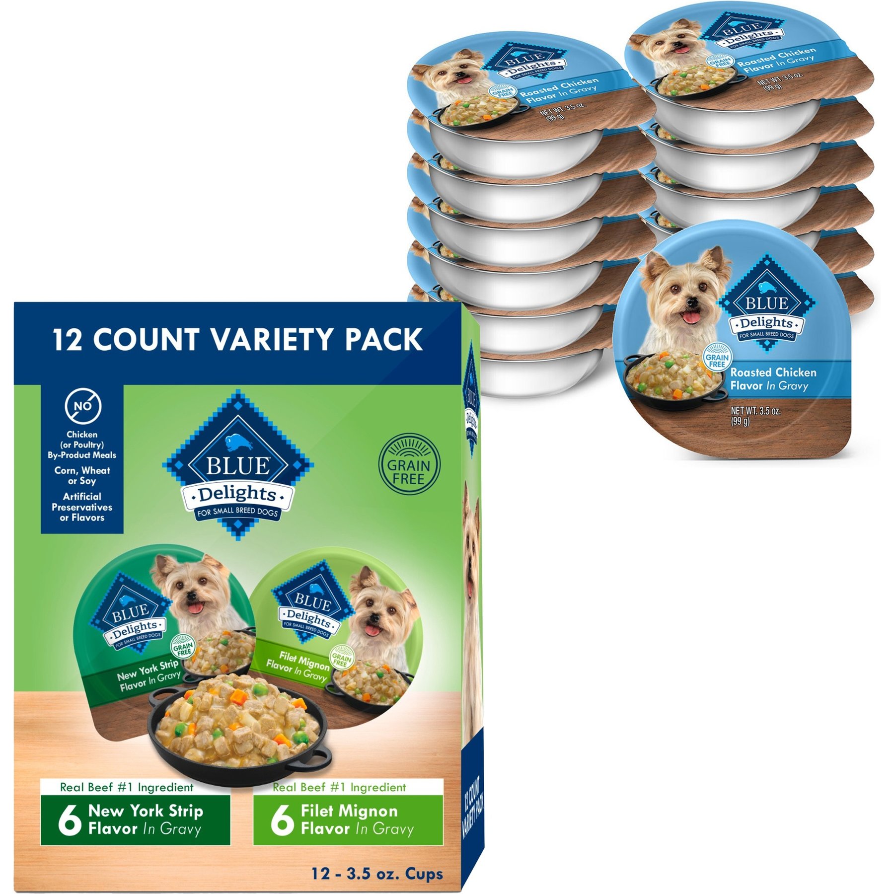 Blue Buffalo Divine Delights Gravy Variety Pack Filet Mignon & NY Strip Flavor + Roasted Chicken Flavor Hearty Gravy Dog Food Trays