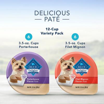 Show full view: Blue Buffalo Divine Delights Pate Small Breed Variety Pack Filet Mignon & Porterhouse Flavor Dog Food Trays, 3.5-oz tray, bundle of 24  slide 3 of 10