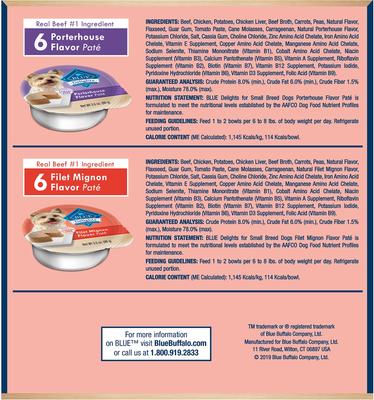 Show full view: Blue Buffalo Divine Delights Pate Small Breed Variety Pack Filet Mignon & Porterhouse Flavor Dog Food Trays, 3.5-oz tray, case of 12 slide 3 of 12
