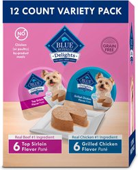 Blue Buffalo Divine Delights Pate Variety Pack Top Sirloin & Grilled Chicken Flavor Dog Food Trays, 3.5-oz, case of 12