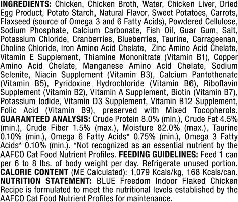 Show full view: Blue Buffalo Freedom Indoor Flaked Chicken Recipe Grain-Free Canned Cat Food, 5.5-oz, case of 24 slide 4 of 9