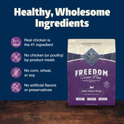 Show full view: Blue Buffalo Freedom Indoor Mature Chicken Recipe Grain-Free Dry Cat Food, 11-lb bag slide 7 of 12