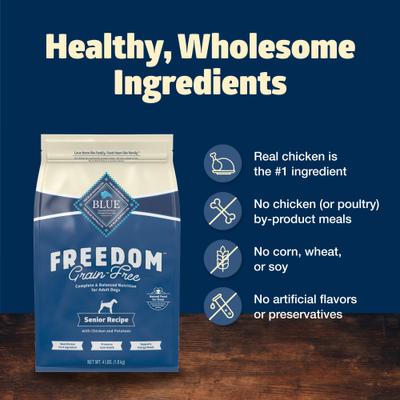 Show full view: Blue Buffalo Freedom Senior Grain-Free Chicken & Potatoes Dry Dog Food, 4-lb bag slide 6 of 11