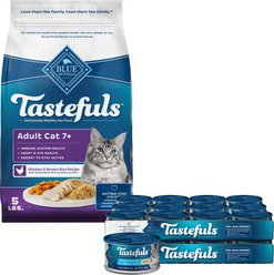 Blue Buffalo Healthy Aging Chicken & Brown Rice Recipe Mature Dry Food + Tastefuls Chicken Entrée Mature Cats Pate Wet Cat Food