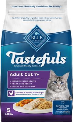Show full view: Blue Buffalo Healthy Aging Chicken & Brown Rice Recipe Mature Dry Food + Tastefuls Chicken Entrée Mature Cats Pate Wet Cat Food slide 2 of 10