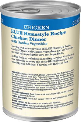 Show full view: Blue Buffalo Homestyle Recipe Chicken Dinner with Garden Vegetables & Brown Rice + Beef Dinner with Garden Vegetables & Sweet Potatoes Canned Dog Food slide 3 of 9