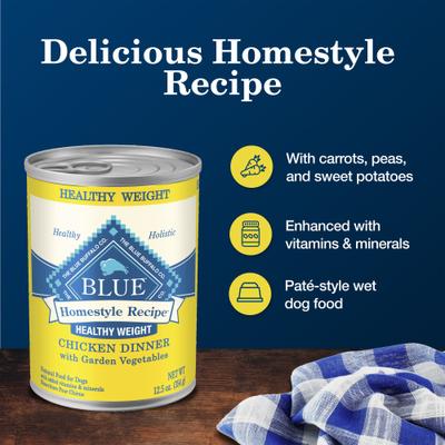 Show full view: Blue Buffalo Homestyle Recipe Healthy Weight Chicken Dinner with Garden Vegetables & Brown Rice Canned Dog Food, 12.5-oz, case of 12 slide 5 of 12