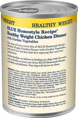 Show full view: Blue Buffalo Homestyle Recipe Healthy Weight Chicken Dinner with Garden Vegetables & Brown Rice Canned Dog Food, 12.5-oz can, bundle of 24  slide 4 of 10