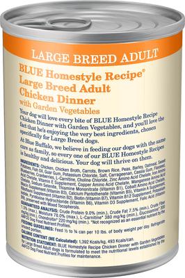 Show full view: Blue Buffalo Homestyle Recipe Large Breed Chicken Dinner with Garden Vegetables Canned Dog Food, 12.5-oz, case of 12 slide 4 of 10