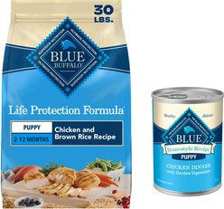 Blue Buffalo Homestyle Recipe Puppy Chicken Dinner with Garden Vegetables Canned Food + Life Protection Formula Puppy Chicken & Brown Rice Recipe Dry Dog Food