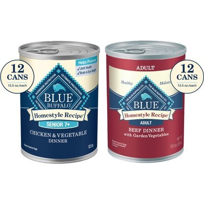 Blue Buffalo Blue Buffalo Homestyle Recipe Senior Chicken Dinner with Garden Vegetables + Homestyle Recipe Beef Dinner with Garden Vegetables & Sweet Potatoes Canned Dog Food