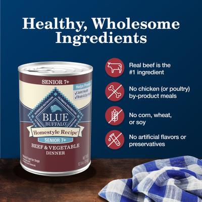Show full view: Blue Buffalo Homestyle Recipe Senior Natural Ingredients Beef Dinner with Garden Vegetables Canned Wet Dog Food, 12.5-oz can, 12 count slide 7 of 11
