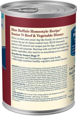 Show full view: Blue Buffalo Homestyle Recipe Senior Natural Ingredients Beef Dinner with Garden Vegetables Canned Wet Dog Food, 12.5-oz can, 12 count slide 3 of 11