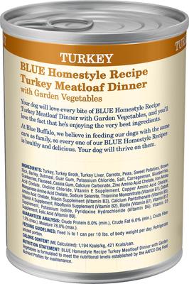 Show full view: Blue Buffalo Homestyle Recipe Turkey Meatloaf Dinner with Garden Vegetables Canned Dog Food, 12.5-oz, case of 12 slide 4 of 10