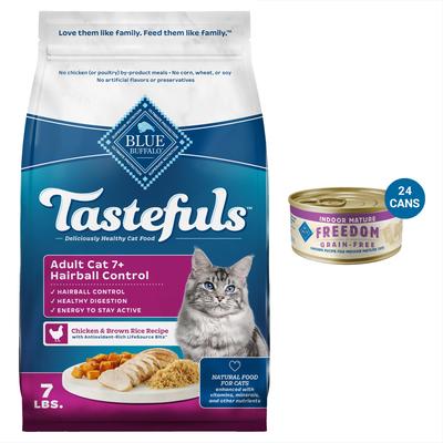 Show full view: Blue Buffalo Indoor Hairball Control Chicken & Brown Rice Recipe Dry Food + Freedom Indoor Mature Chicken Recipe Canned Cat Food slide 1 of 9