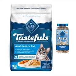 Blue Buffalo Indoor Health Chicken & Brown Rice Recipe Adult Dry Food + Bursts with Paw-Licken Chicken Cat Treats