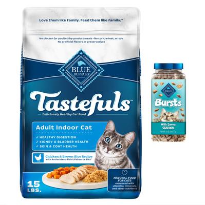 Show full view: Blue Buffalo Indoor Health Chicken & Brown Rice Recipe Adult Dry Food + Bursts with Savory Seafood Cat Treats slide 1 of 9