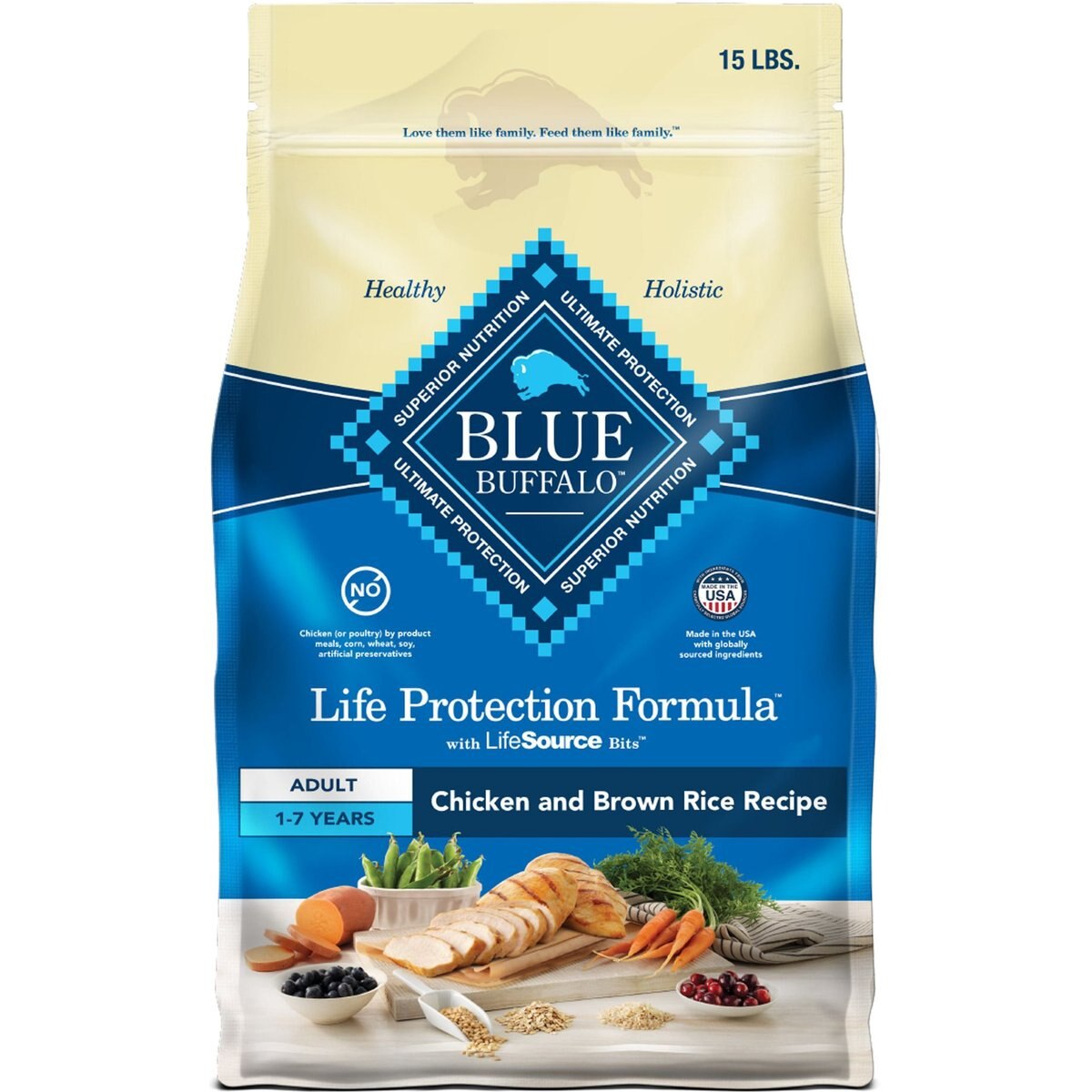 Blue Buffalo Chicken & Brown Rice Recipe Adult Dry Dog Food, 15 lb
