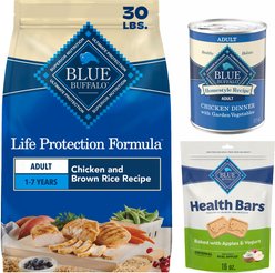 Blue Buffalo Life Protection Formula Adult Chicken & Brown Rice Recipe Dry Food, 30-lb bag + Homestyle Recipe Chicken Dinner with Garden Vegetables & Brown Rice Canned Food, 12.5-oz, case of 12 + Health Bars Baked with Apples & Yogurt Dog Treats, 16-oz bag