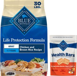 Blue Buffalo Life Protection Formula Adult Chicken & Brown Rice Recipe Dry Food + Health Bars Baked with Bacon, Egg & Cheese Dog Treats