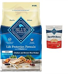 Blue Buffalo Life Protection Formula Adult Chicken & Brown Rice Recipe Dry Food + Health Bars Baked with Bacon, Egg & Cheese Dog Treats