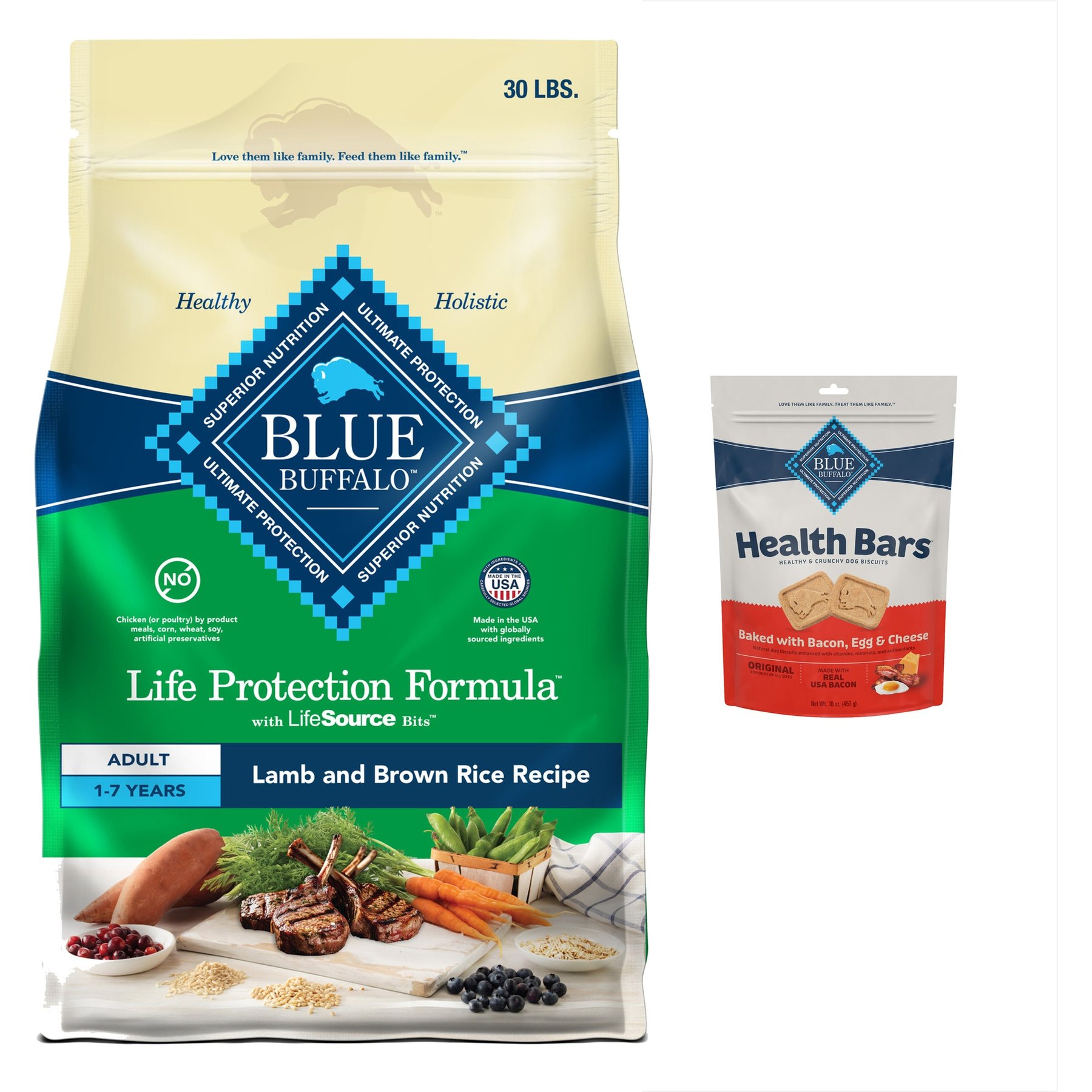 Blue Buffalo Life Protection Formula Adult Lamb & Brown Rice Recipe Dry Food + Health Bars Baked with Bacon, Egg & Cheese Dog Treats