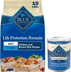 Blue Buffalo Life Protection Formula Chicken & Brown Rice Dry Food + Homestyle Recipe Chicken Dinner Garden Vegetables & Brown Rice Canned Dog Food