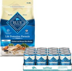 Blue Buffalo Life Protection Formula Chicken & Brown Rice Dry Food + Homestyle Recipe Chicken Dinner Garden Vegetables & Brown Rice Canned Dog Food
