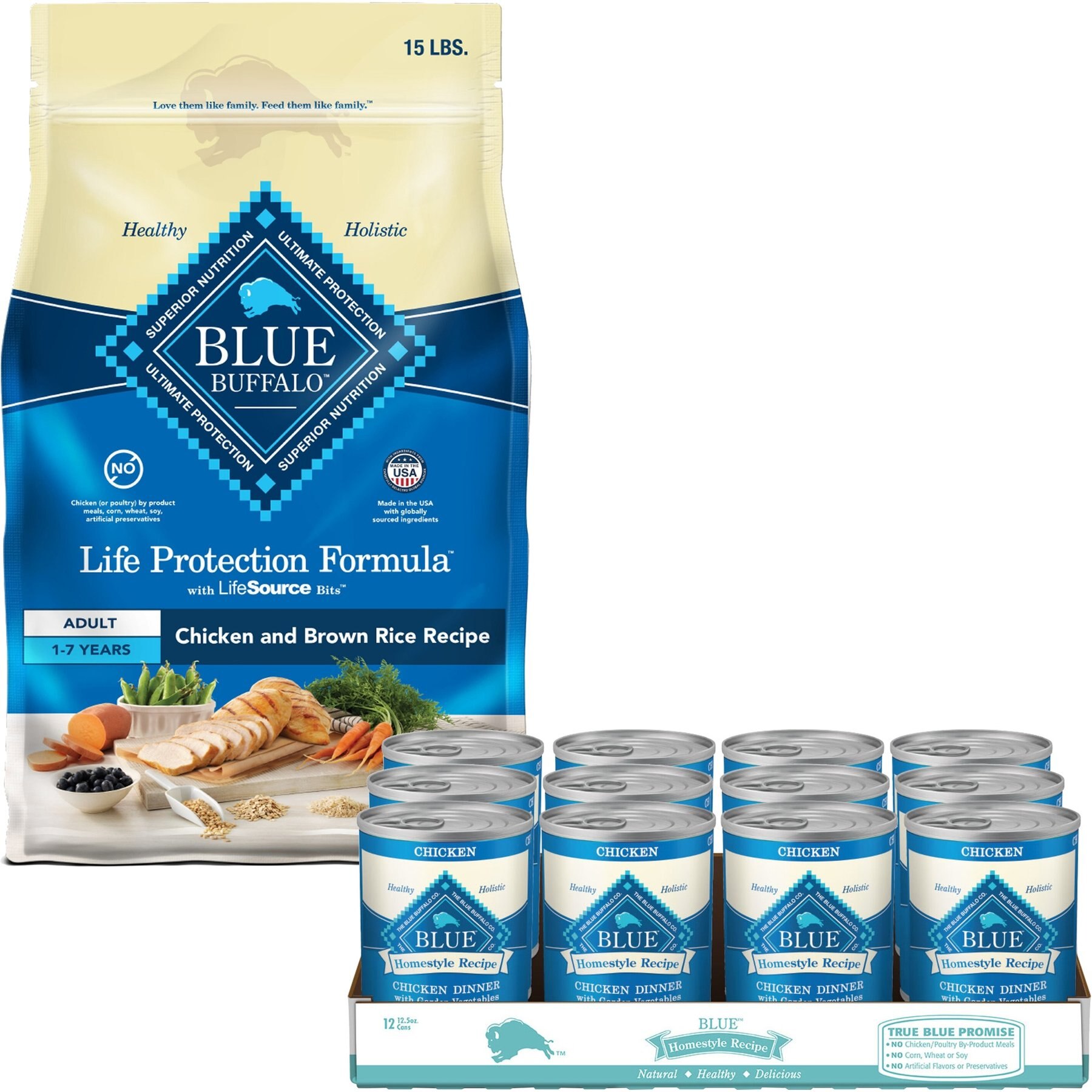 Blue Buffalo Life Protection Formula Chicken & Brown Rice Dry Food + Homestyle Recipe Chicken Dinner Garden Vegetables & Brown Rice Canned Dog Food