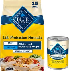 Blue Buffalo Life Protection Formula Healthy Weight Adult Chicken & Brown Rice Recipe Dry Dog Food, 15-lb bag + Blue Buffalo Homestyle Recipe Healthy Weight Chicken Dinner with Garden Vegetables & Brown Rice Canned Dog Food, 12.5-oz, case of 12
