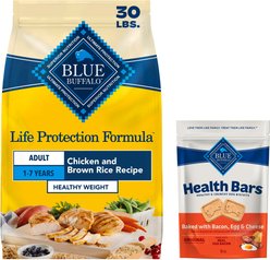 Blue Buffalo Life Protection Formula Healthy Weight Adult Chicken & Brown Rice Recipe Dry Food + Health Bars Baked with Bacon, Egg & Cheese Dog Treats