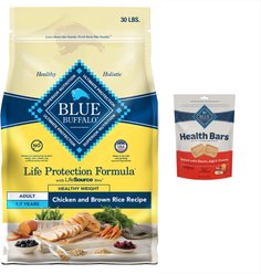 Blue Buffalo Life Protection Formula Healthy Weight Adult Chicken & Brown Rice Recipe Dry Food + Health Bars Baked with Bacon, Egg & Cheese Dog Treats