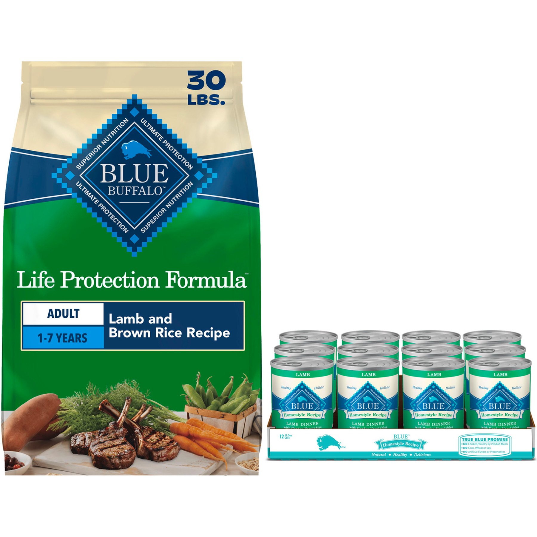 Blue Buffalo Life Protection Formula Lamb & Brown Rice Dry Food + Homestyle Recipe Lamb Dinner with Garden Vegetables Canned Dog Food