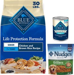 Blue Buffalo Life Protection Formula Senior Chicken & Brown Rice Recipe Dry Dog Food, 30-lb bag + Homestyle Recipe Chicken Dinner with Garden Vegetables Senior Wet Dog Food, 12.5-oz, case of 12 + Nudges Grillers Chicken Dog Treats, 16-oz bag slide 1 of 9