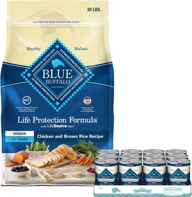 Show full view: Blue Buffalo Life Protection Formula Senior Chicken & Brown Rice Recipe Dry Dog Food + Homestyle Recipe Senior Chicken Dinner with Garden Vegetables Canned Dog Food slide 1 of 9