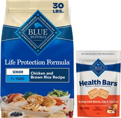 Blue Buffalo Life Protection Formula Senior Chicken & Brown Rice Recipe Dry Food + Health Bars Baked with Bacon, Egg & Cheese Dog Treats slide 1 of 9