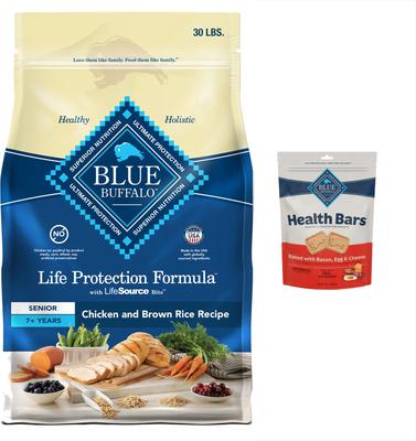 Show full view: Blue Buffalo Life Protection Formula Senior Chicken & Brown Rice Recipe Dry Food + Health Bars Baked with Bacon, Egg & Cheese Dog Treats slide 1 of 10