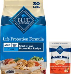 Blue Buffalo Life Protection Formula Small Bite Adult Chicken & Brown Rice Recipe Dry Dog Food, 30-lb bag + Blue Buffalo Health Bars Baked with Bacon, Egg & Cheese Dog Treats, 16-oz bag
