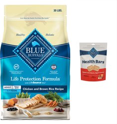 Blue Buffalo Life Protection Formula Small Bite Adult Chicken & Brown Rice Recipe Dry Dog Food, 30-lb bag + Blue Buffalo Health Bars Baked with Bacon, Egg & Cheese Dog Treats, 16-oz bag