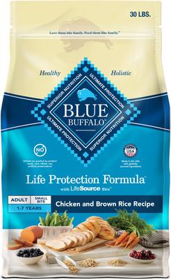Show full view: Blue Buffalo Life Protection Formula Small Bite Adult Chicken & Brown Rice Recipe Dry Dog Food, 30-lb bag + Blue Buffalo Health Bars Baked with Bacon, Egg & Cheese Dog Treats, 16-oz bag slide 2 of 9