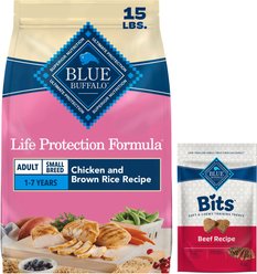 Blue Buffalo Life Protection Formula Small Breed Adult Chicken & Brown Rice Dry Food + Blue Bits Tender Beef Dog Treats