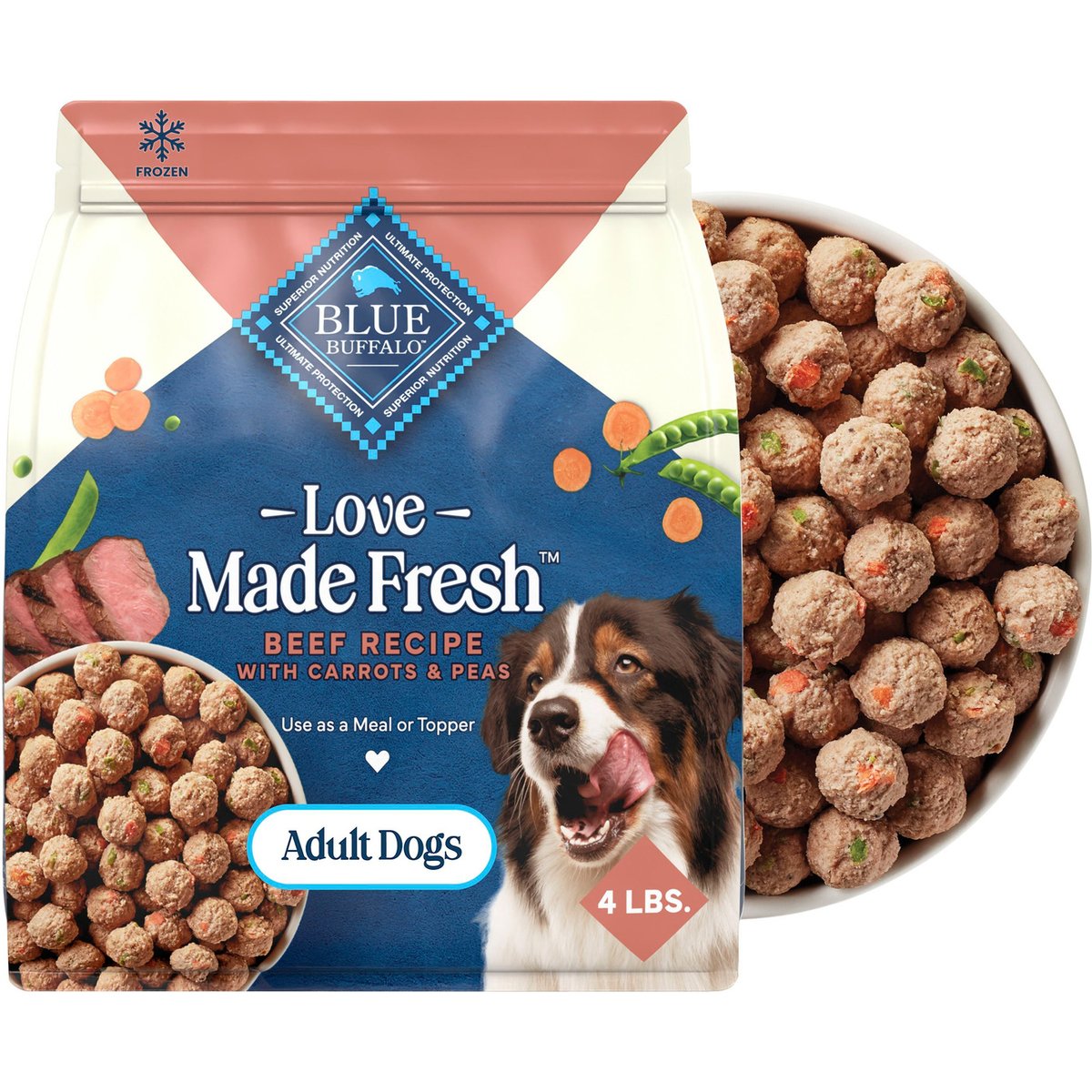 Blue Buffalo Love Made Fresh Frozen All Natural Beef Meatball with Carrots & Peas Dog Food, 4-lb pouch, case of 3