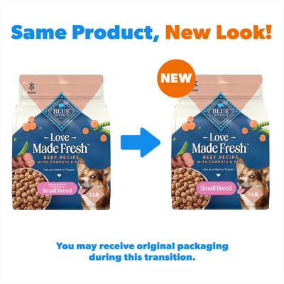 Show full view: Blue Buffalo Love Made Fresh Frozen All Natural Beef Meatball with Carrots & Peas Dog Food, 1-lb pouch, case of 4 slide 3 of 11