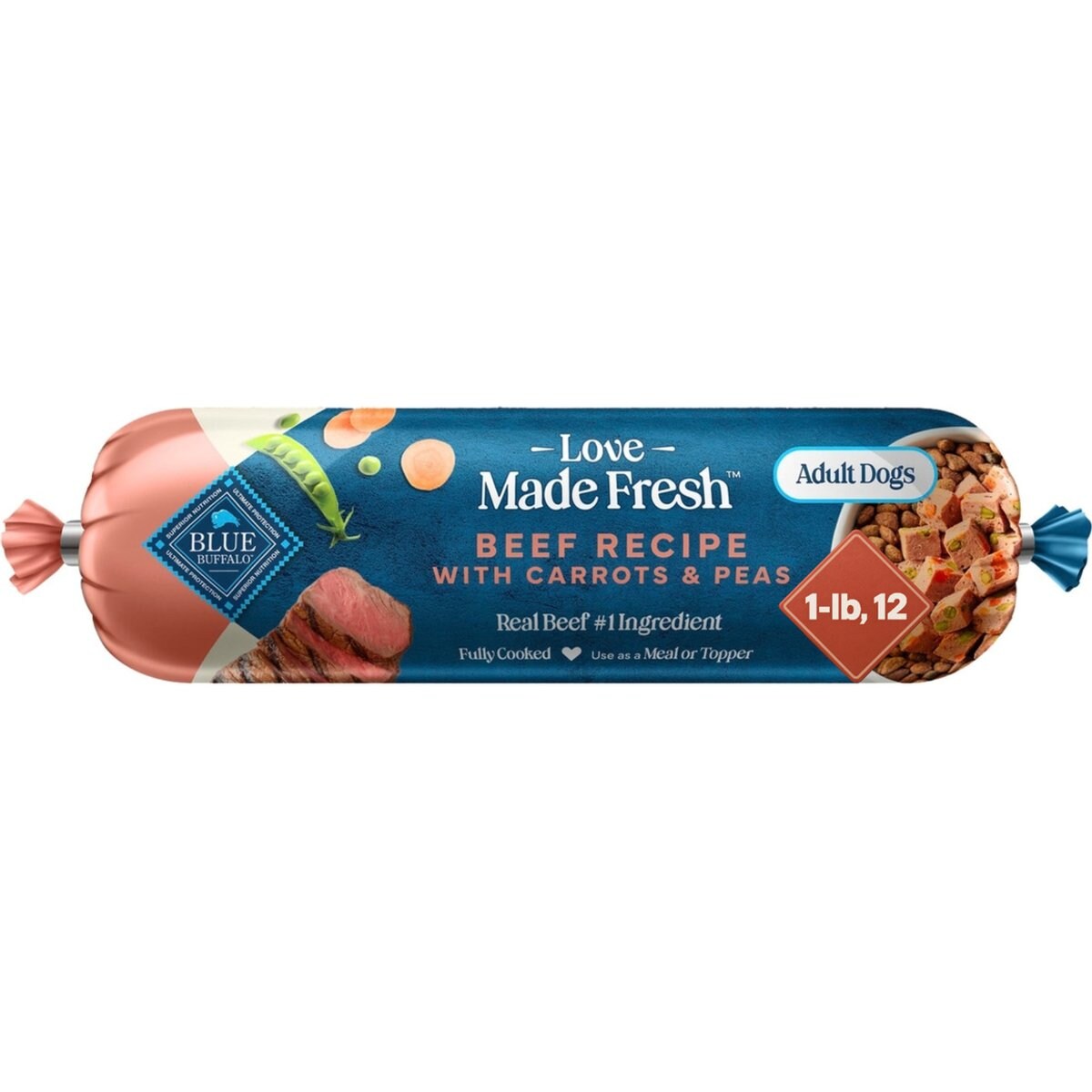 Blue Buffalo Love Made Fresh Refrigerated All Natural Beef with Carrots & Peas Dog Food, 1-lb roll, bundle of 12