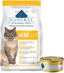 Blue Buffalo Natural Veterinary Diet K+M Kidney + Mobility Support Grain-Free Dry Cat Food, 7-lb bag + Blue Buffalo Natural Veterinary Diet K+M Kidney + Mobility Support Grain-Free Canned Cat Food, 5.5-oz, case of 24