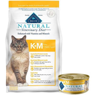 Blue Buffalo Natural Veterinary Diet Blue Buffalo Natural Veterinary Diet K+M Kidney + Mobility Support Grain-Free Dry Cat Food, 7-lb bag + Blue Buffalo Natural Veterinary Diet K+M Kidney + Mobility Support Grain-Free Canned Cat Food, 5.5-oz, case of 24