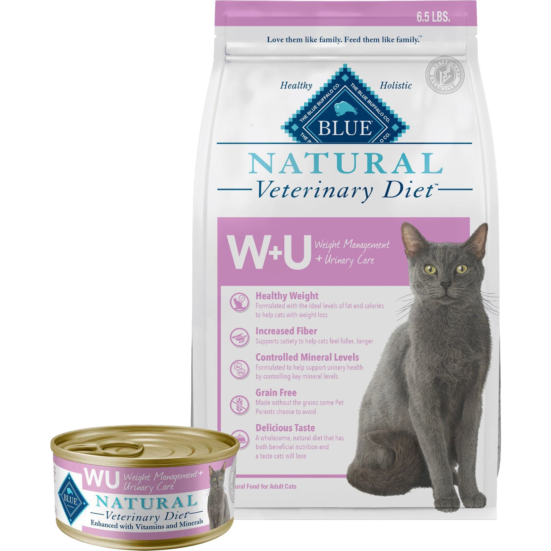 Blue Buffalo Natural Veterinary Diet W+U Weight Management + Urinary Care Grain-Free Canned Cat Food, 5.5-oz, case of 24 + Blue Buffalo Natural Veterinary Diet W+U Weight Management + Urinary Care Grain-Free Dry Cat Food, 6.5-lb bag